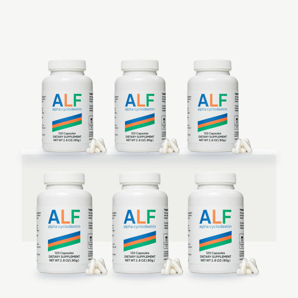 ALF Alpha Cyclodextrin capsules 6-pack: six bottles of 120 Capsules with capsules beside each bottle