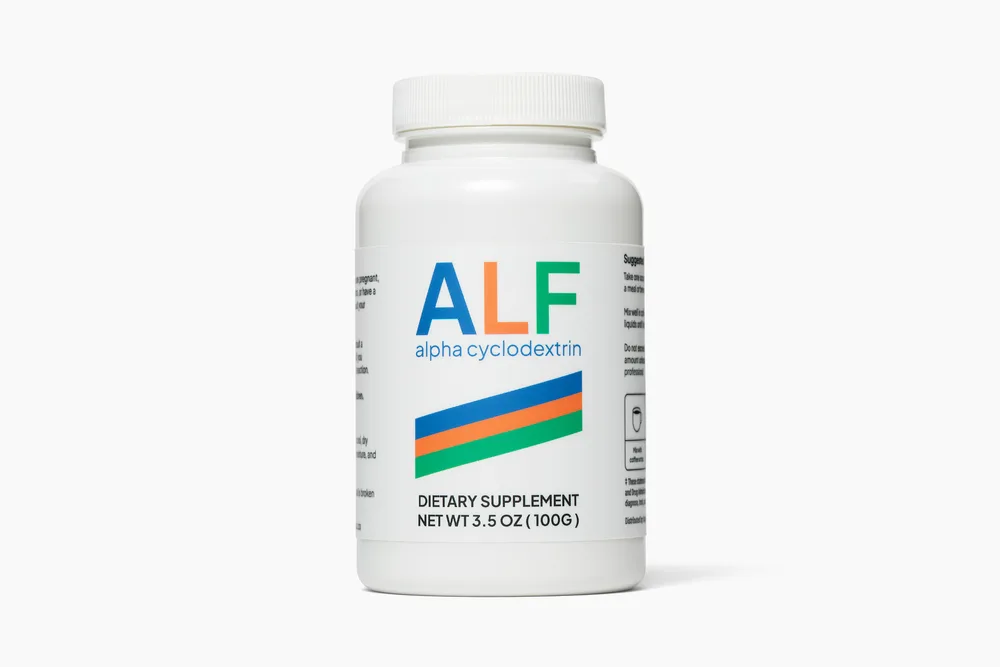 ALF Alpha Cyclodextrin bulk powder bottle, 100g, on a white background