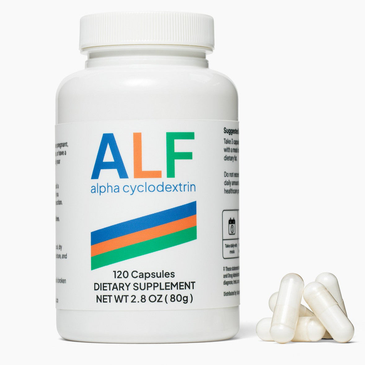 ALF alpha-cyclodextrin capsules, 120 count, with capsules beside the bottle